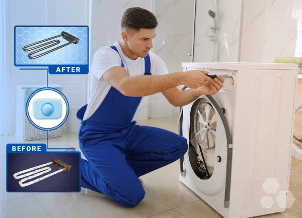 Heating Element Using Water Softener Tablet Plumber Repairing Washing Machine — Stok fotoğraf