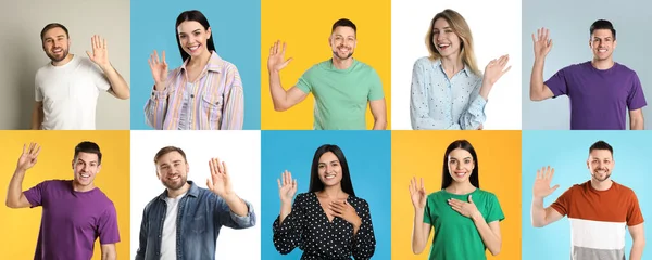 Collage Photos Cheerful People Showing Hello Gesture Different Color Backgrounds — Foto de Stock