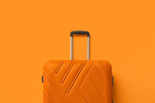 Stylish Bright Suitcase Orange Background Top View — Stockfoto