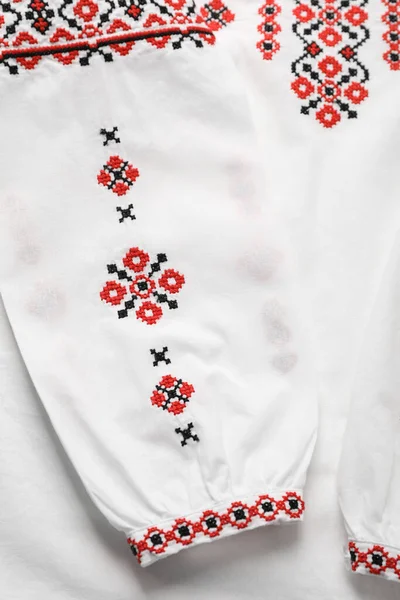 Beautiful White Shirt Red Ukrainian National Embroidery Top View — Foto Stock