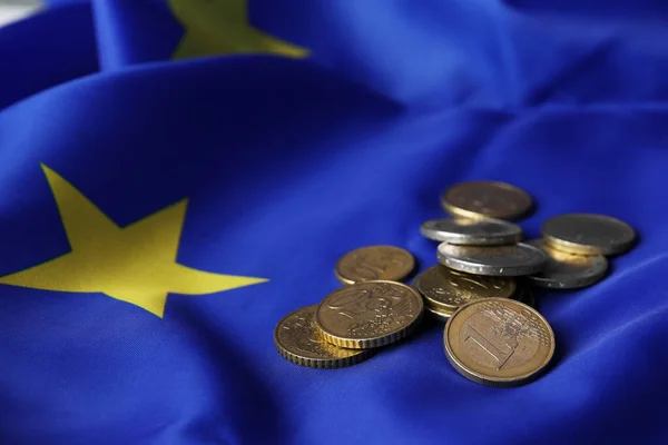 Viele Verschiedene Münzen Auf Der Flagge Der Europäischen Union Platz — Stockfoto