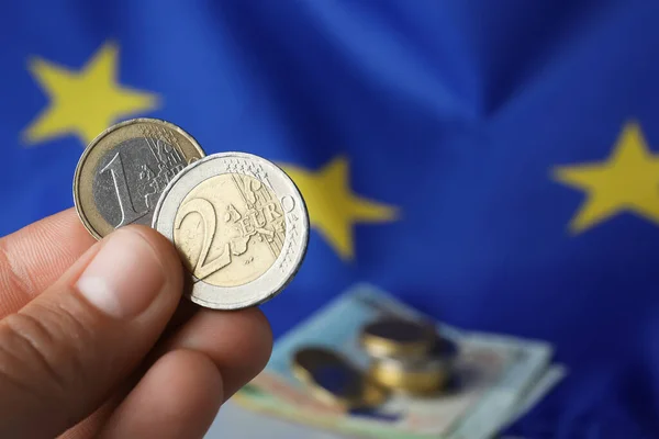 Woman Holding Coins European Union Flag Closeup Space Text — Stockfoto