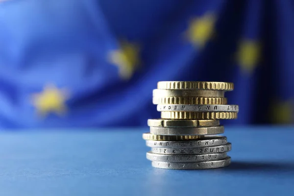 Stack Coins Blue Table European Union Flag Closeup Space Text — Stockfoto