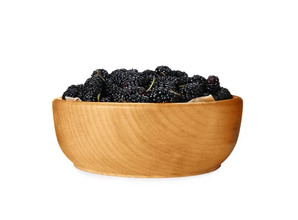 Bowl Delicious Ripe Black Mulberries Isolated White — 图库照片