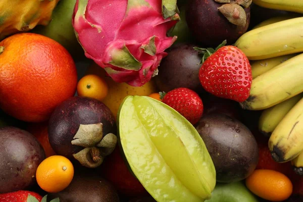 Assortimento Frutta Esotica Fresca Come Sfondo Vista Dall Alto — Foto Stock