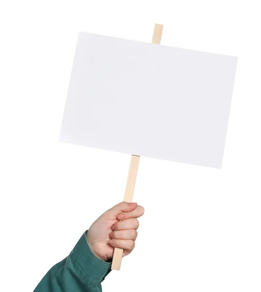 Woman Holding Blank Protest Sign White Background Closeup — 스톡 사진