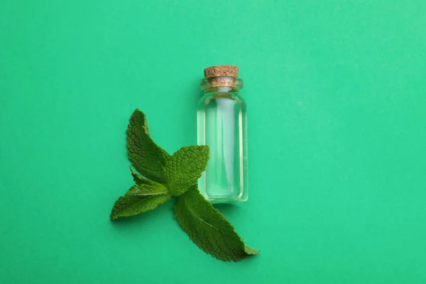 Bottle Essential Oil Mint Green Background Flat Lay — Stockfoto