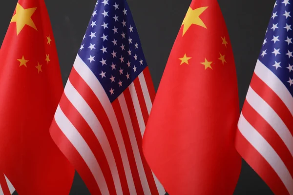 Usa China Flags Dark Background Closeup International Relations — Stock Fotó