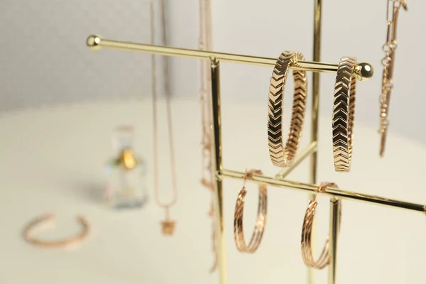 Holder Set Luxurious Jewelry White Table Closeup — стоковое фото