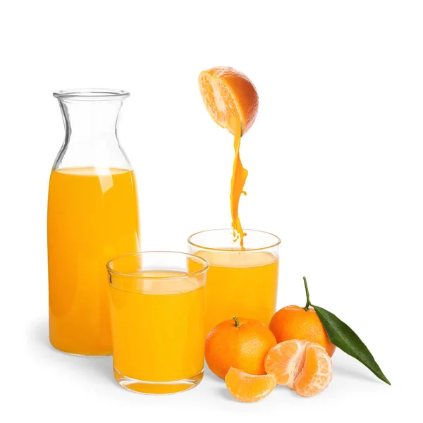 Tasty Tangerine Juice Fresh Ripe Fruits White Background — Stock Photo, Image
