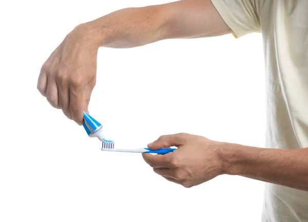 Man Applying Toothpaste Brush White Background Closeup Stock Picture