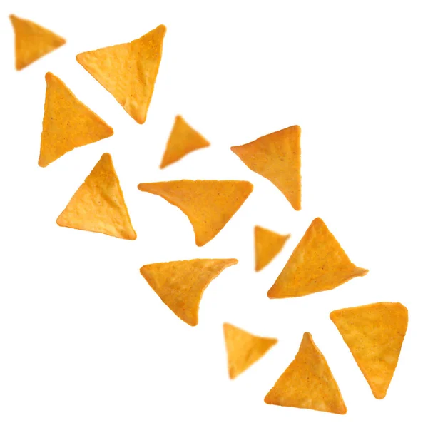 Tasty Tortilla Chips Nachos Falling White Background — Photo