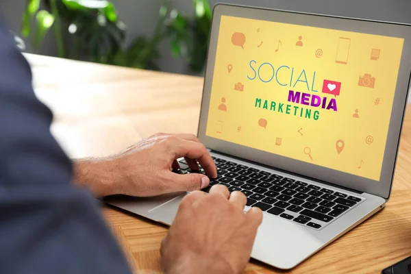 Smm Social Media Marketing Concept Man Using Laptop Wooden Table — Stockfoto
