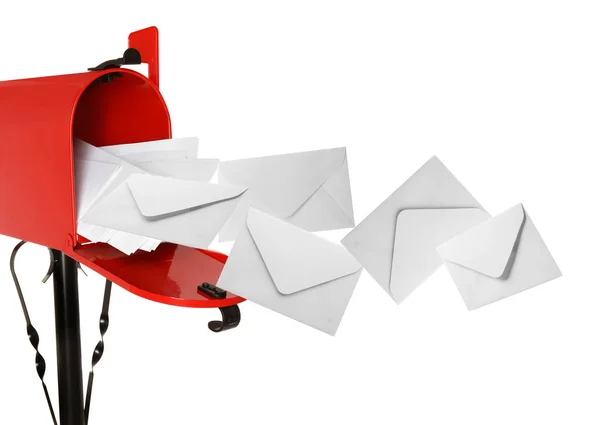 Envelopes Flying Out Red Letter Box White Background — Stok fotoğraf