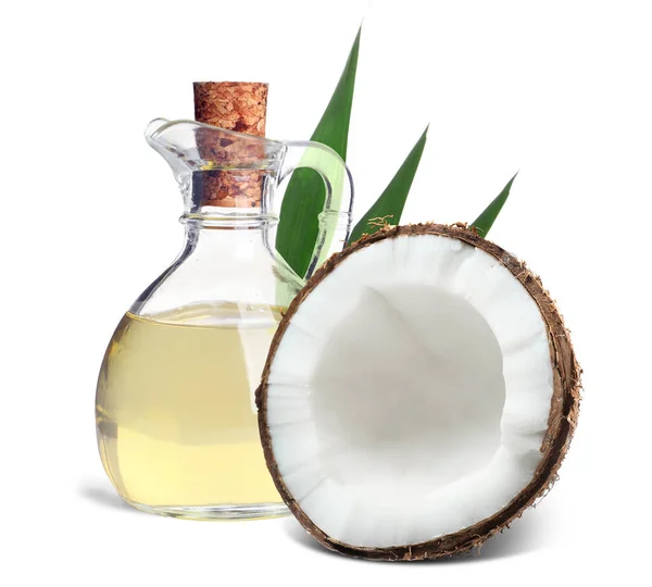 Bottle Coconut Cooking Oil Fruit White Background — Foto de Stock