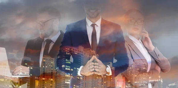 Double Exposure Businesspeople Cityscape Banner Design Leadership Concept — 图库照片