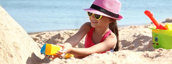 Cute Little Child Playing Plastic Toys Sandy Beach Sunny Day — 스톡 사진