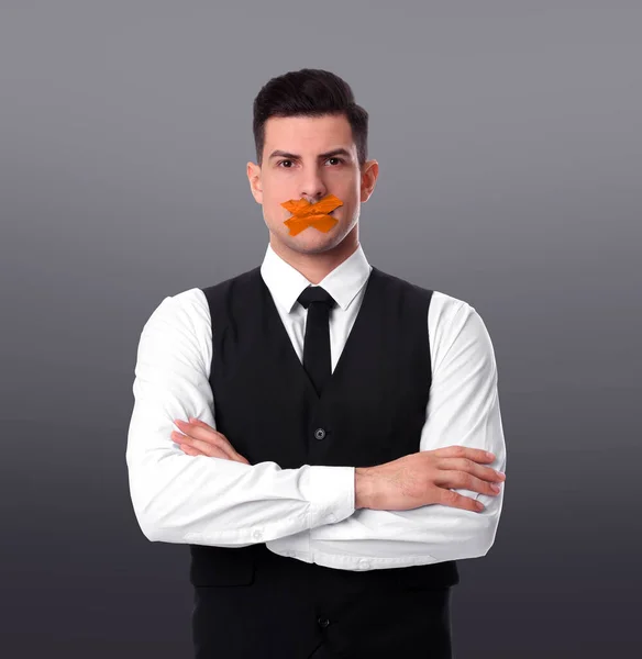 Man Taped Mouth Grey Background Speech Censorship —  Fotos de Stock