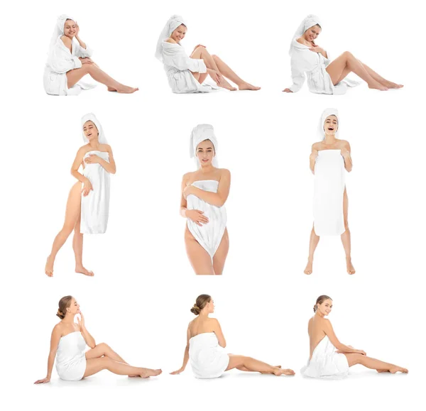Collage Photos Beautiful Women Soft Towels White Background — стоковое фото