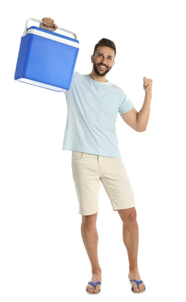 Happy Man Cool Box White Background — Φωτογραφία Αρχείου