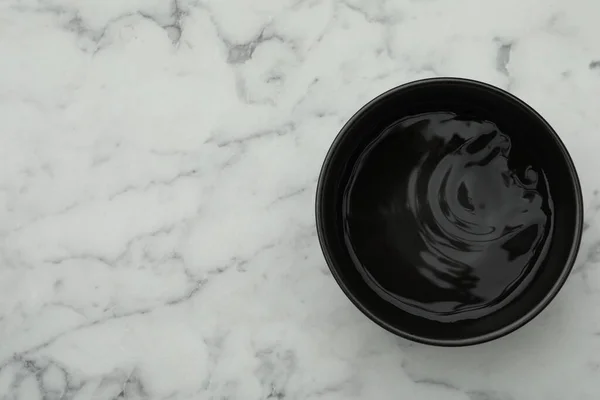 Black Bowl Water White Marble Table Top View Space Text — 스톡 사진