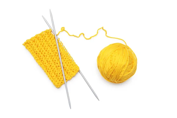 Soft Yellow Woolen Yarn Knitting Metal Needles White Background Top — ストック写真