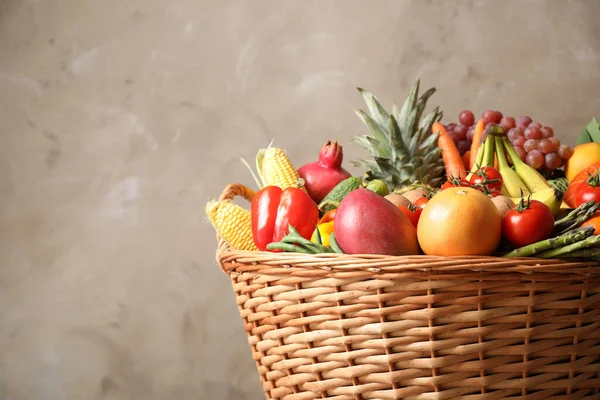 Assortment Fresh Organic Fruits Vegetables Basket Grey Background Closeup Space — Stockfoto