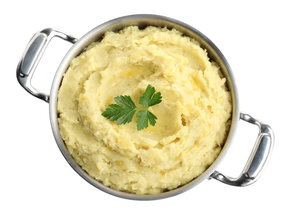 Pot Tasty Mashed Potatoes Parsley Isolated White Top View — Stockfoto