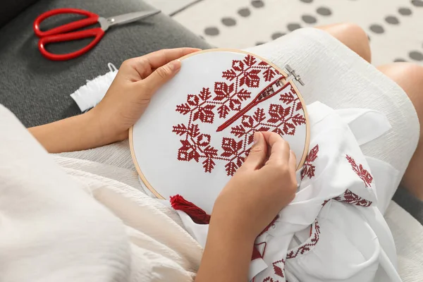 Woman Embroidering White Shirt Colorful Threads Hoop View Ukrainian National — Stock Photo, Image