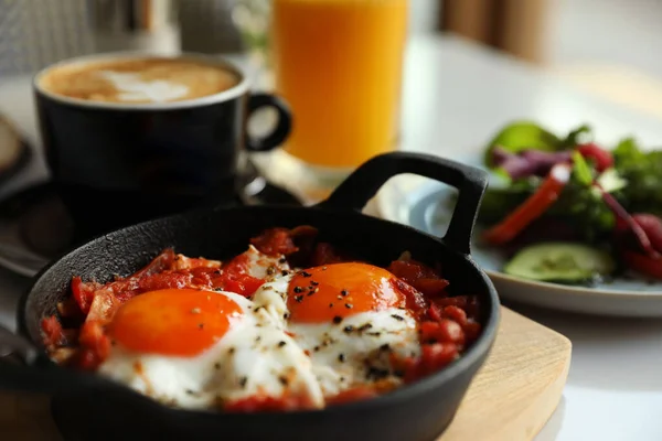 Tasty Shakshouka Served Pan Table Closeup —  Fotos de Stock