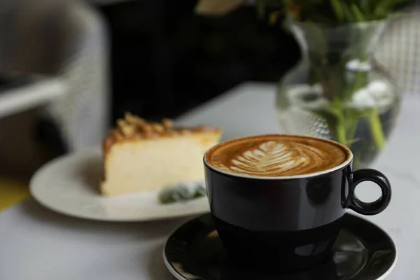 Cup Fresh Coffee Dessert Table Indoors — Stockfoto