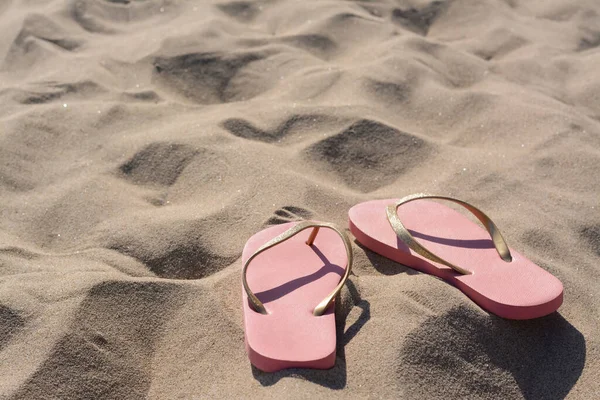 Stylish Pink Flip Flops Sandy Beach Space Text — Stockfoto