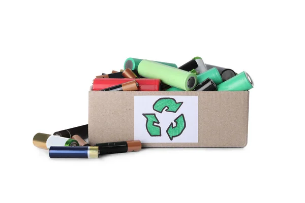 Used Electric Batteries Cardboard Box Recycling Symbol White Background — Photo