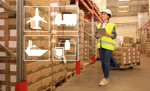 Illustration Shipping Icons Woman Tablet Working Warehouse Logistics Center — Fotografia de Stock