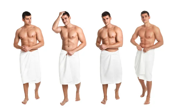 Collage Photos Attractive Man Soft Towels White Background Banner Design — Stockfoto