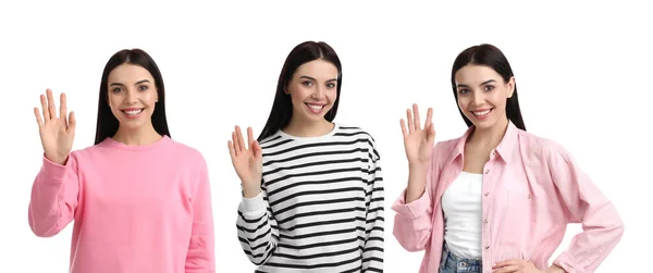 Collage Photos Cheerful Woman Showing Hello Gesture White Background Banner — Foto de Stock