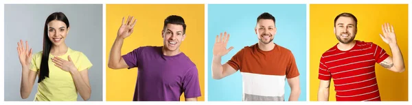 Collage Photos Cheerful People Showing Hello Gesture Different Color Backgrounds — Foto Stock