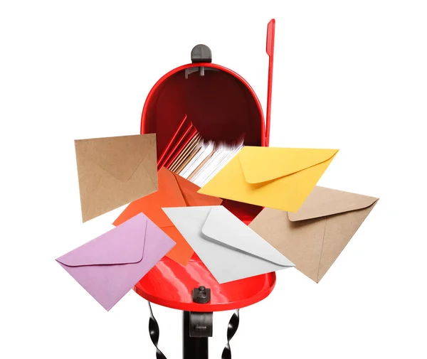 Different Color Envelopes Flying Out Red Letter Box White Background — 图库照片