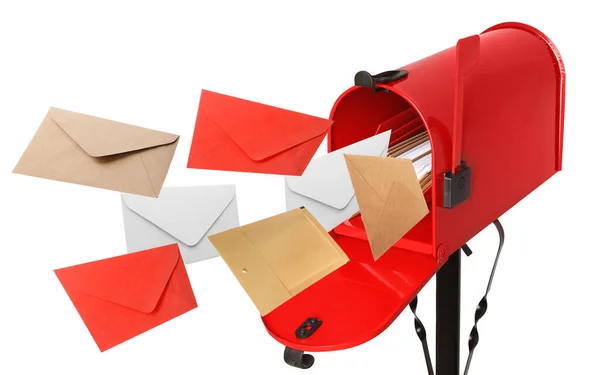 Different Color Envelopes Flying Out Red Letter Box White Background — Fotografia de Stock
