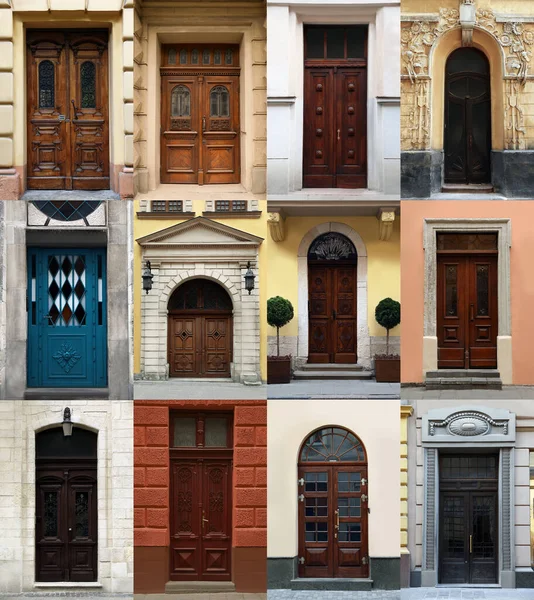 Collage Photos Old Buildings Elegant Wooden Front Doors — Foto de Stock