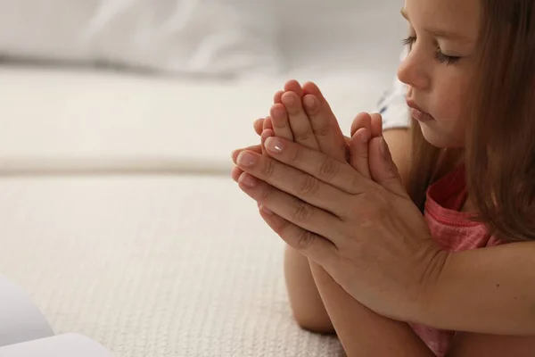 Mature Woman Her Little Granddaughter Praying Together Indoors Closeup Space — стоковое фото