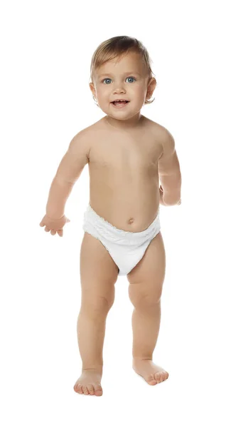 Cute Baby Diaper Learning Walk White Background —  Fotos de Stock