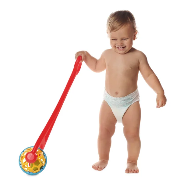 Cute Baby Push Toy Learning Walk White Background — Photo