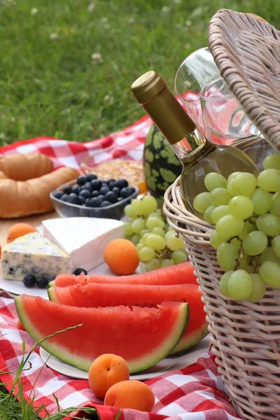 Yaz Günü Dışarıda Lezzetli Yemekler Şarapla Piknik Battaniyesi Yakın Çekim — Stok fotoğraf