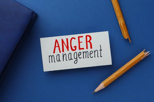 Card Words Anger Management Notebook Broken Pencil Blue Background Flat — Φωτογραφία Αρχείου