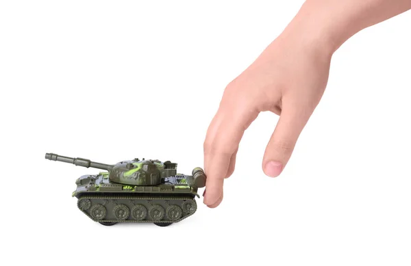 Man Toy Tank White Background Closeup — Zdjęcie stockowe
