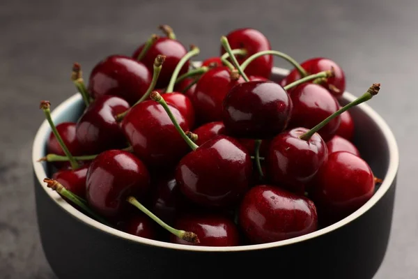Bowl Ripe Sweet Cherries Dark Grey Table Closeup — Zdjęcie stockowe