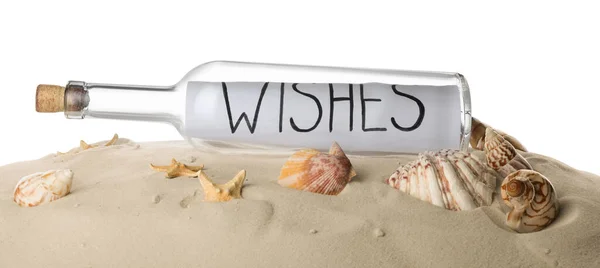 Corked Glass Bottle Wishes Note Seashells Sand White Background — Stock Photo, Image