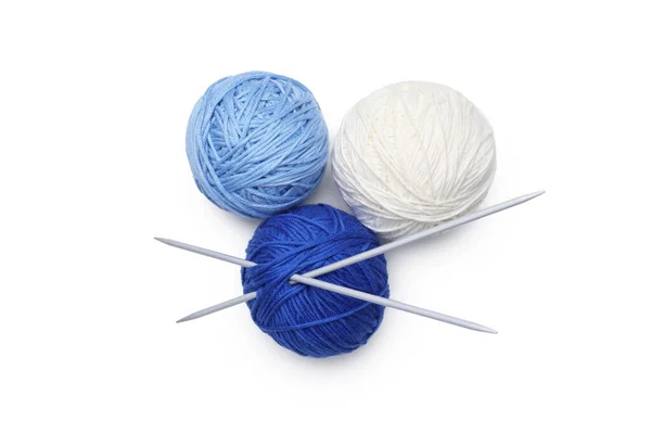 Soft Woolen Yarns Knitting Needles White Background Top View — ストック写真