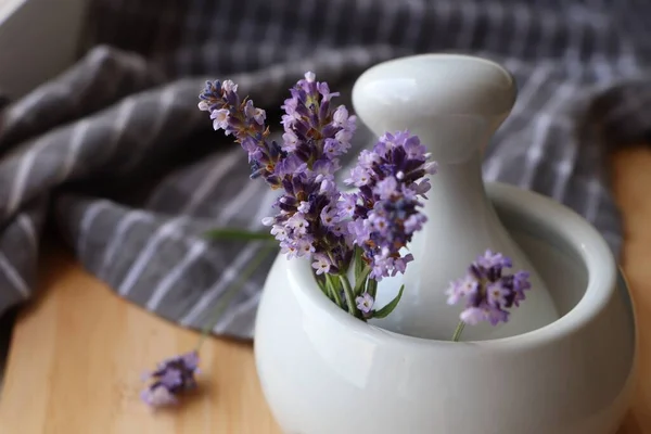 Mortar Fresh Lavender Flowers Pestle Table Closeup — Zdjęcie stockowe